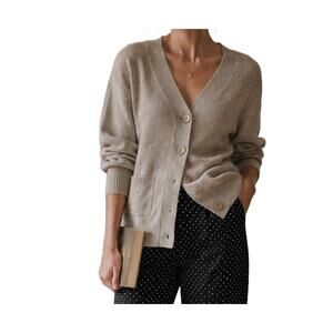 Aster Cardigan Sweater Oatmeal Beige V Neck Patch Pocket Longline Button M